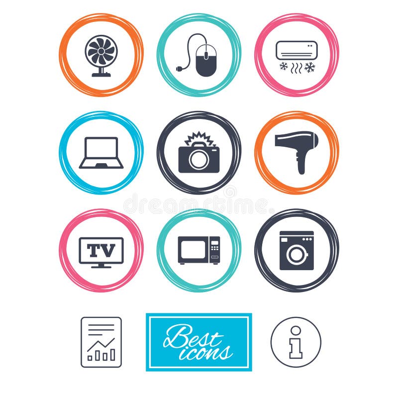 Home appliances, device icons. Electronics sign.