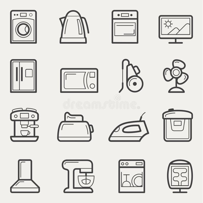 Home appliances icons: washing machine, teapot, Oven, TV, refrigerator, microwave