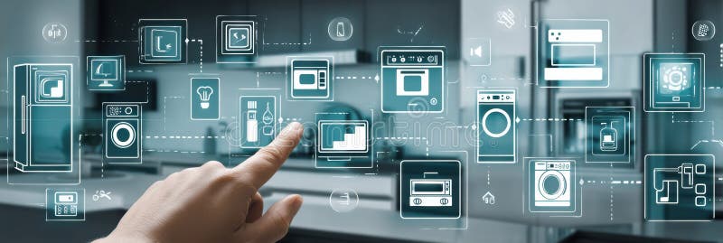 User interacts with a digital overlay on kitchen appliances to manage and control household tasks efficiently at home in a contemporary kitchen setting. Controls automation stock images, royalty-free photos and pictures