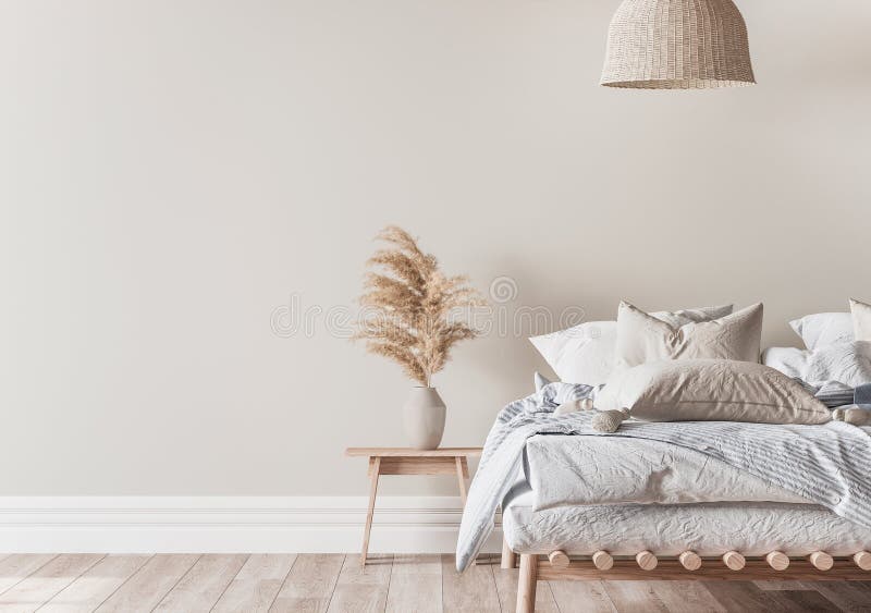 Home bedroom interior mockup with a wooden bed, beige and blue bedding
