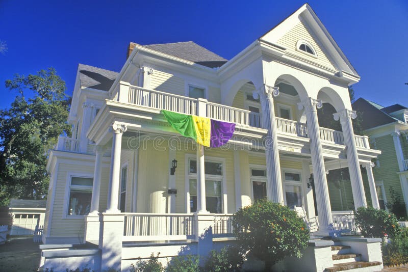 Home in Biloxi, MS with Mardi Gras Decorations Editorial Photography