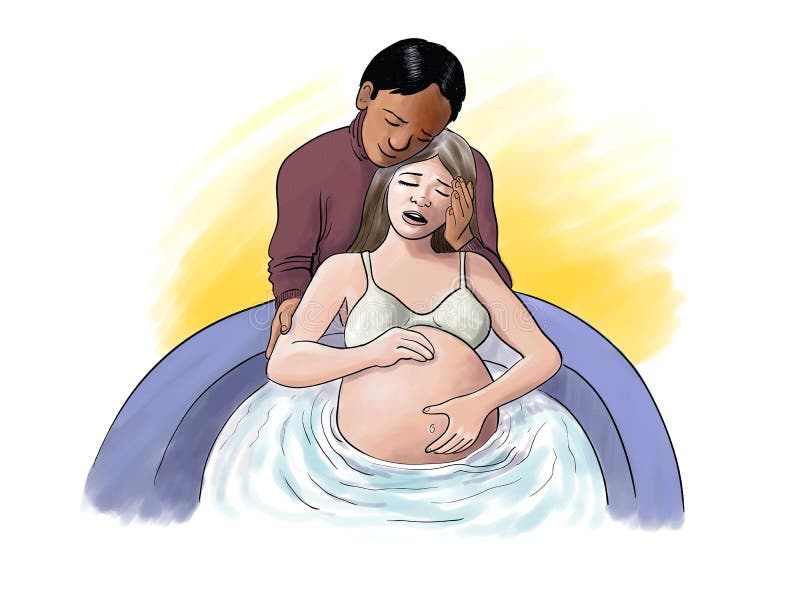 Digital illustration of a woman giving birth in a tub.