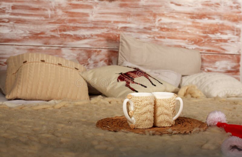 Home cozy and warm winter bedroom interior with cup of coffee royalty free stock photos Home cozy and warm winter bedroom interior with cup of coffee royalty free stock photos