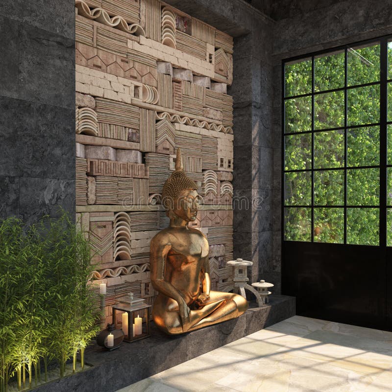 Home Decor with a Gold Statue of Buddha Against a Black Wall with an