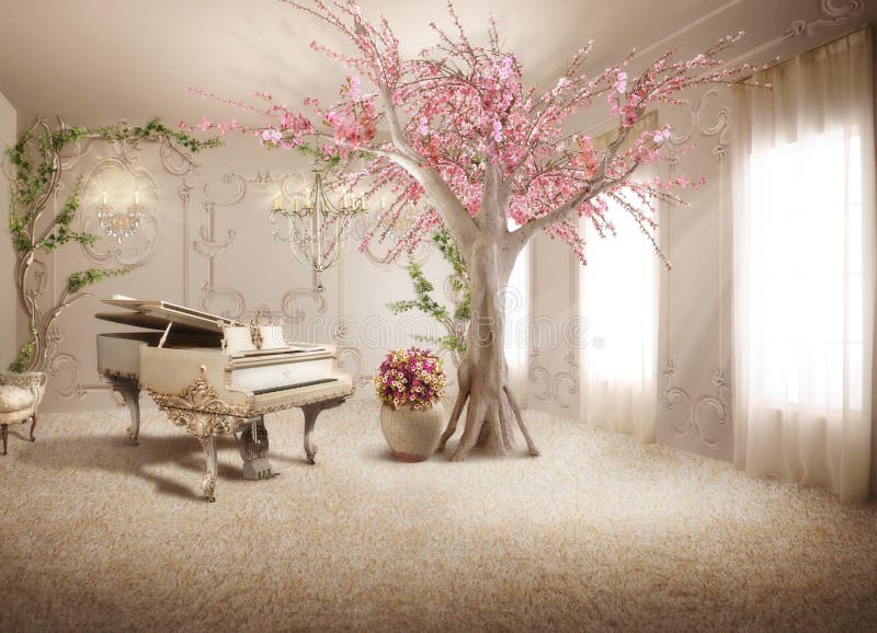 3d wallpaper classic pink tree and piano inside the room