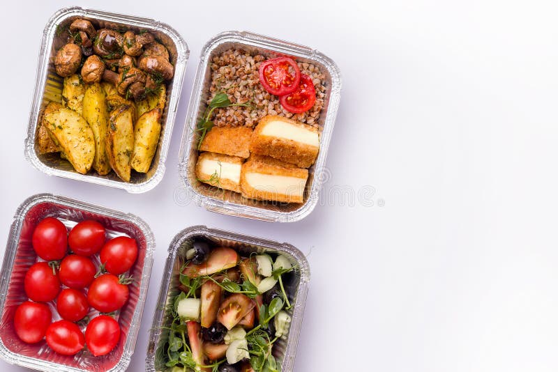 Home Delivery Concept. Containers with Food on a White Background. Copy