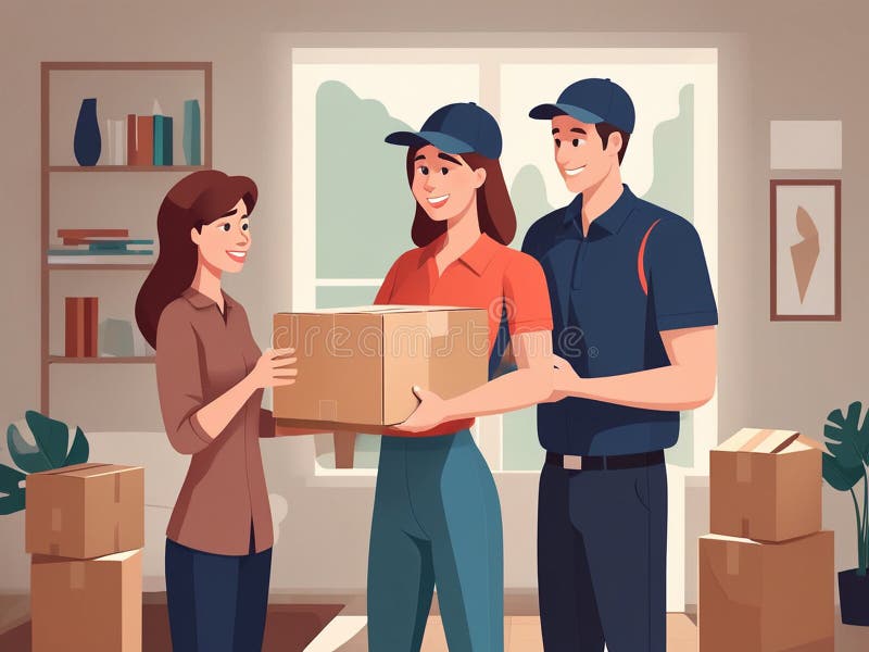 Home Delivery. Courier And Woman Handing Over Parcel At Home From Man With Box, flat design - generated by ai stock illustration