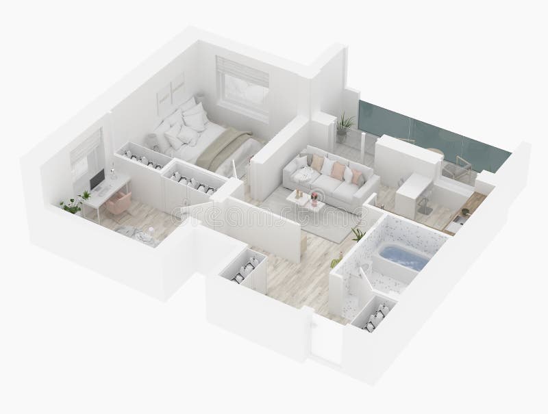 Home floor plan top view. Apartment interior isolated on white background. 3D render stock illustration