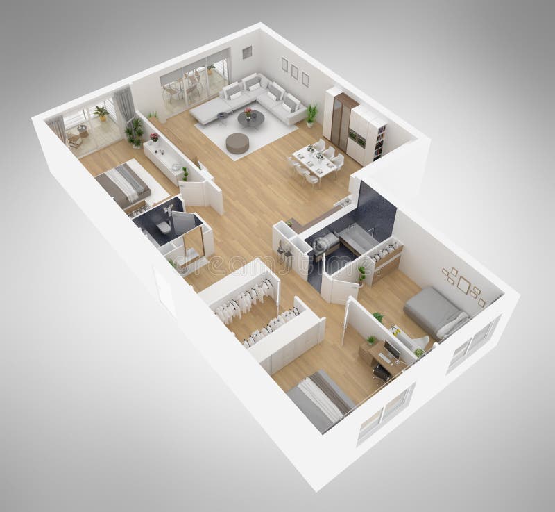 Home Floor Plan Top View 3D Illustration Stock