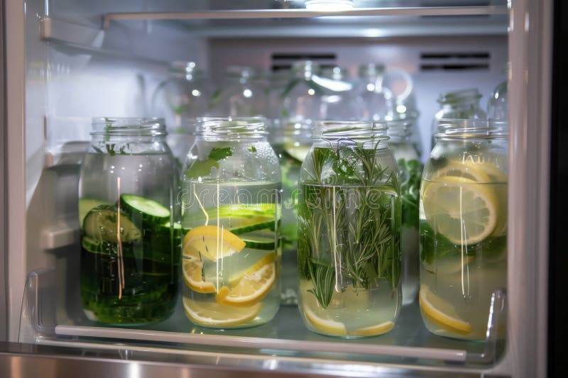 Home fridge filled with homemade detox water in clear jars royalty free stock photos