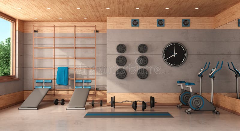Home gym in a concrete and wooden room