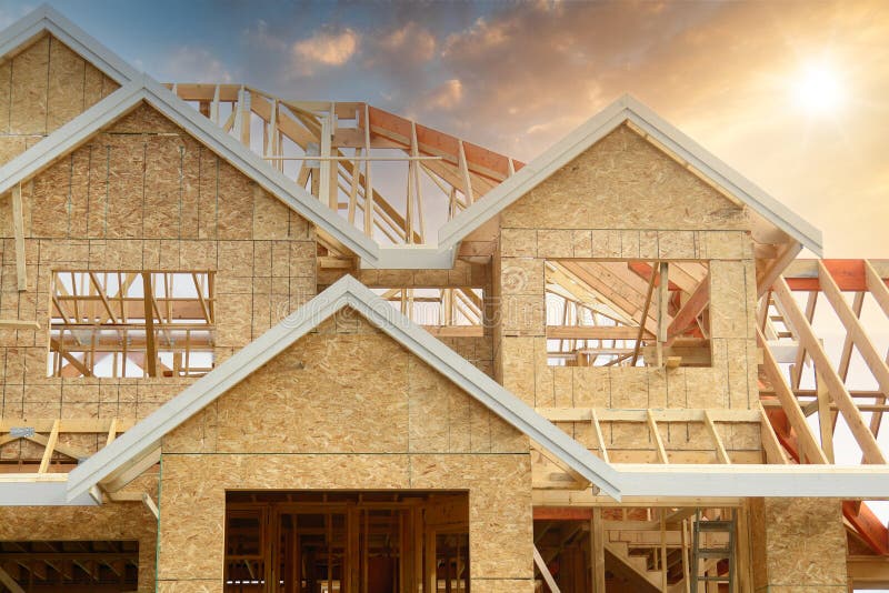 Home House Maison Under Construction Framing Exterior View Sunset Sky Background