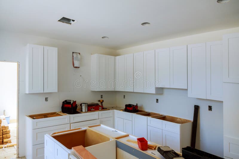 Home improvement kitchen view installed in a new kitchen cabinet royalty free stock images