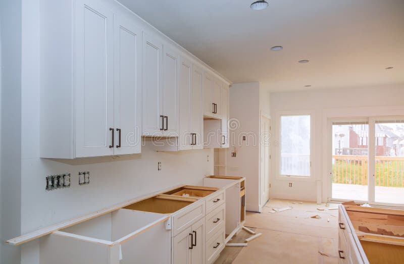 Home improvement kitchen view installed in a new kitchen cabinet stock image