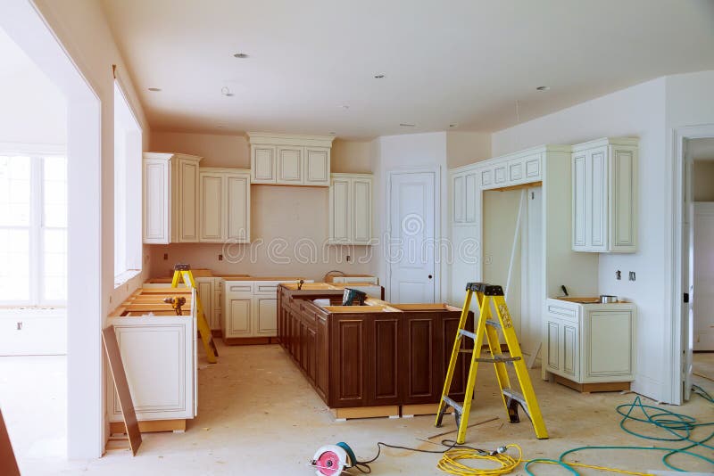 Home improvement kitchen view installed in a new kitchen cabinet royalty free stock photo