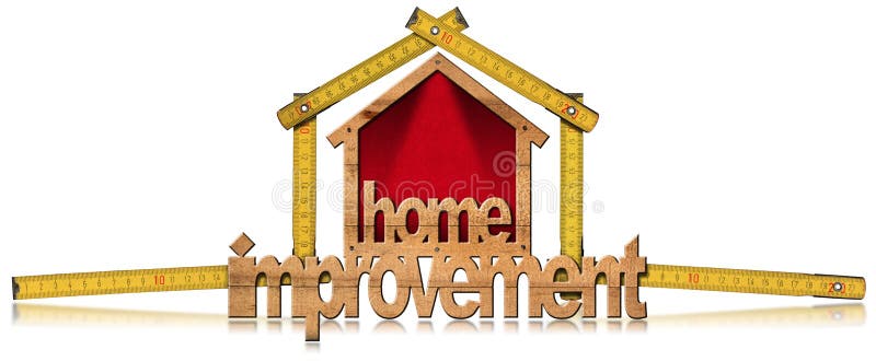 Home improvement - Wooden symbol in the shape of a house 3D illustration with a folding ruler. Isolated on white background. Home improvement - Wooden symbol in the shape of a house 3D illustration with a folding ruler. Isolated on white background