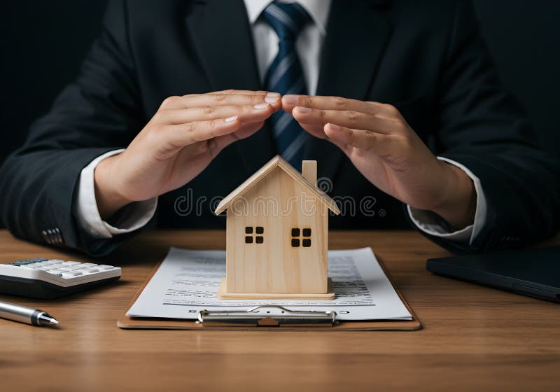 Home insurance concept protecting house with hands for mortgage loan and real estate investment plan vector illustration