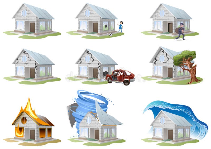 Home insurance. Property insurance. Big set house insurance royalty free illustration Home insurance. Property insurance. Big set house insurance royalty free illustration