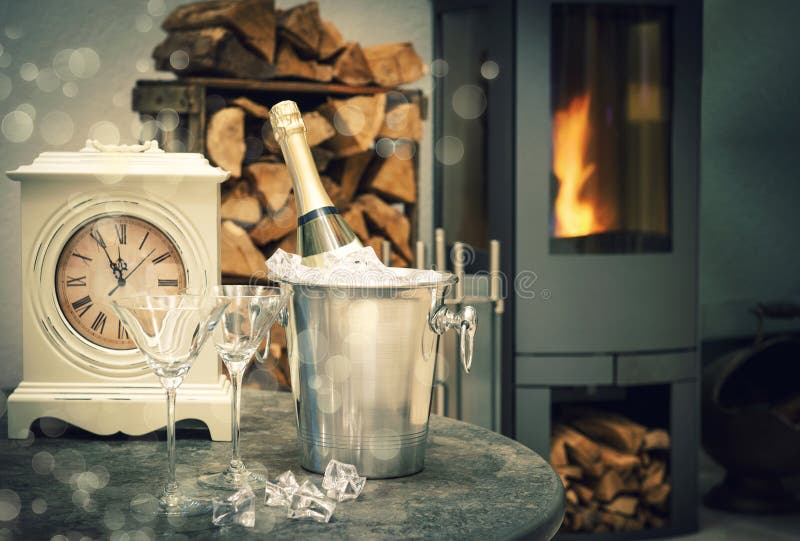 Home interior with champagne, antique clock and fireplace royalty free stock photography Home interior with champagne, antique clock and fireplace royalty free stock photography