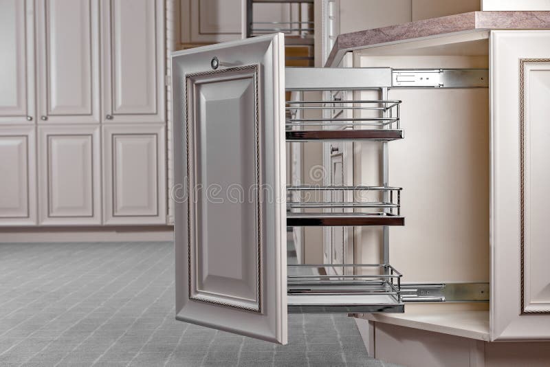 Home Interior. Kitchen - Opened Door with Furniture. Wood and Chrome Material, Modern Design royalty free stock image Home Interior. Kitchen - Opened Door with Furniture. Wood and Chrome Material, Modern Design royalty free stock image