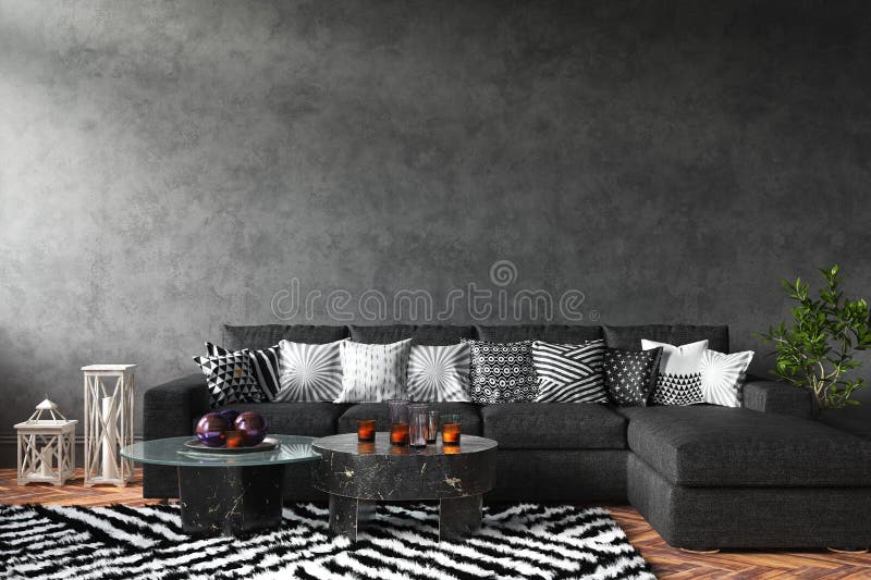 A Dekoration, Schwarz stilvoll boden wohnzimmer,  dreidimensionale computergerenderte grafiken.