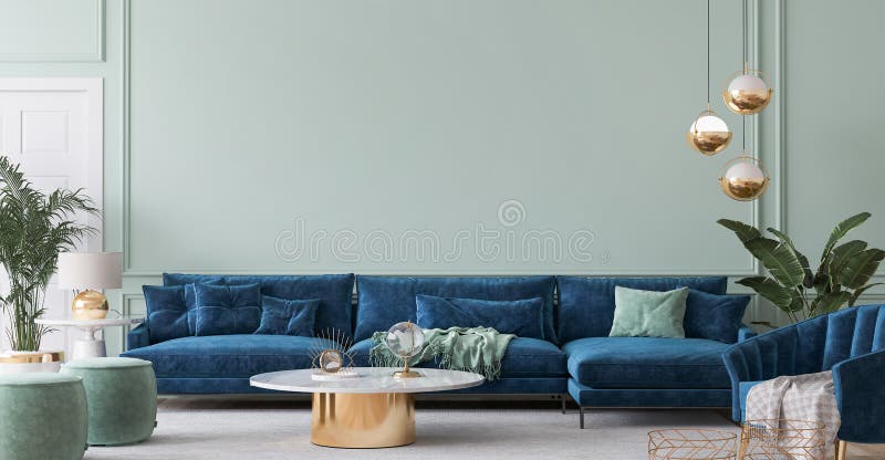 Home interior mockup with blue sofa, marble table and tiffany blue wall decor in living room