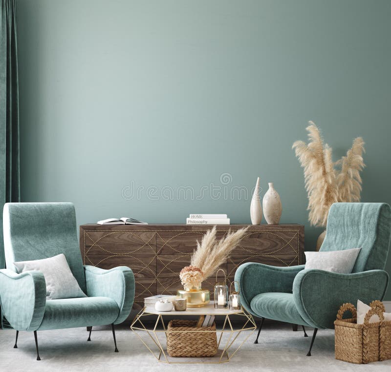 Home interior mock-up with turquoise armchairs, table and pampas, 3d render. Home interior mock-up with turquoise armchairs, table and pampas, 3d render