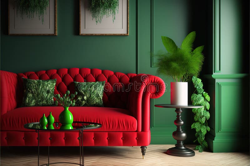 Home Interior with Red Sofa, Table and Decor in Green Living Room