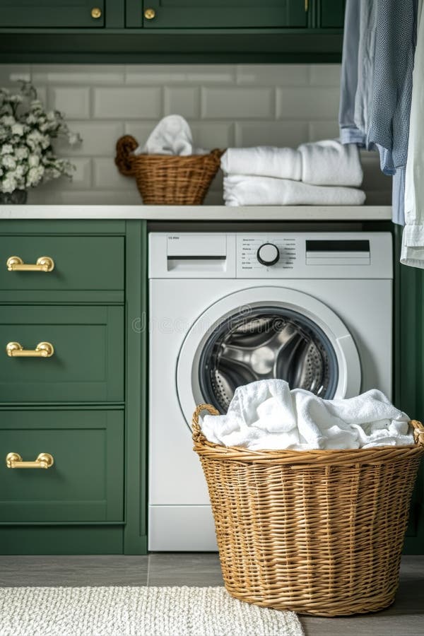Home laundry routine washing machine in modern laundry room interior design cozy atmosphere engaging viewpoint stock photography