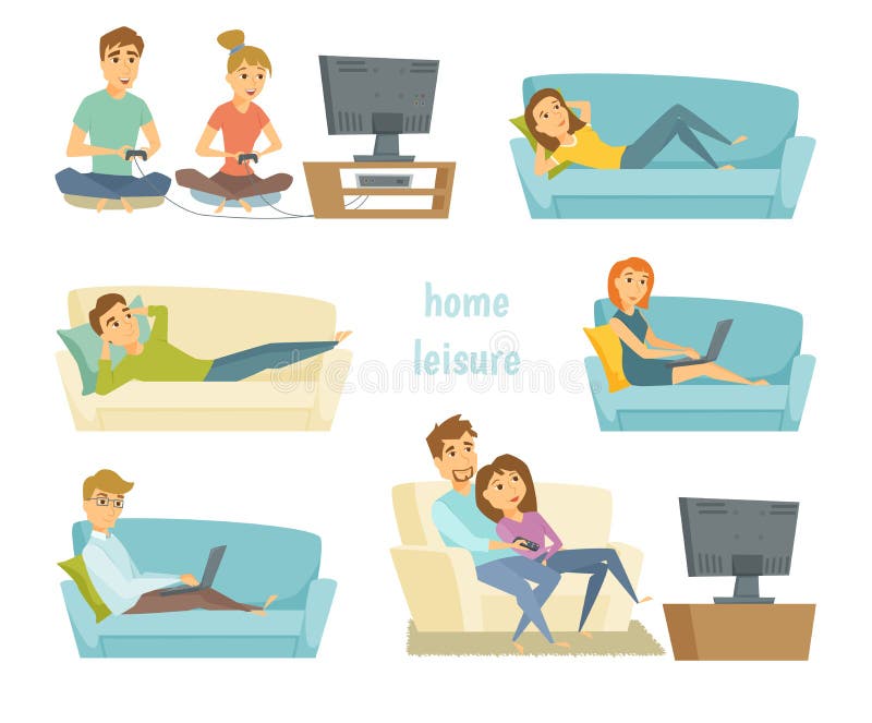 Home leisure. Couple watching tv. Man work at home and women shopping online on sofa with laptop. Friends playing video games. People lying on sofa and relax. Home leisure young people. Leisure time. Home leisure. Couple watching tv. Man work at home and women shopping online on sofa with laptop. Friends playing video games. People lying on sofa and relax. Home leisure young people. Leisure time