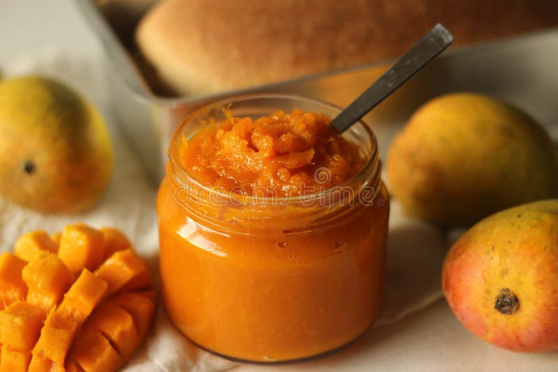 Home made alphonso mango jam with 3 ingredients. Mango pulp, sugar and lime juice. Alphonso mango is widely considered to be the