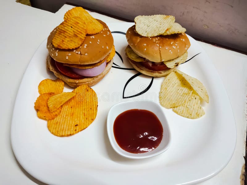 Home Made Burger with Potato Chips and Crisps Stock Photo Image of potato, burger 183698970