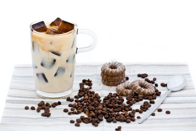 Home-made ice coffee with coffee beans and biscuits stock photos Home-made ice coffee with coffee beans and biscuits stock photos