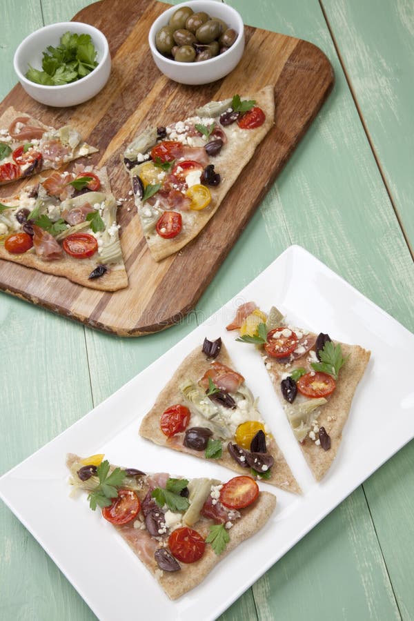 Home Made Mediterranean Prosciutto Flatbread stock photo Home Made Mediterranean Prosciutto Flatbread stock photo