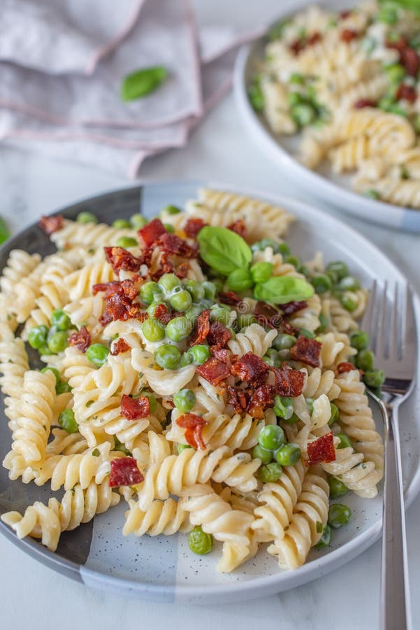 Home Made Ricotta Pasta with Bacon and Peas Stock Image Image of