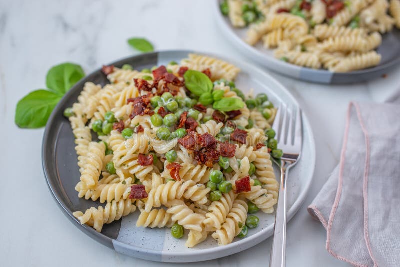 Home Made Ricotta Pasta with Bacon and Peas Stock Photo Image of