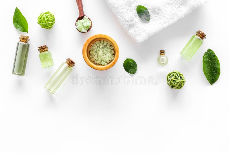 Home made spa cosmetic with tea olive oil and salt for bath on white background top view mock-up royalty free stock images Home made spa cosmetic with tea olive oil and salt for bath on white background top view mock-up royalty free stock images