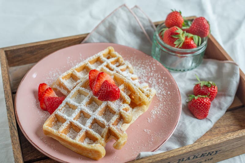 Home Made Sweet Belgian Waffles with Strawberries Stock Photo Image