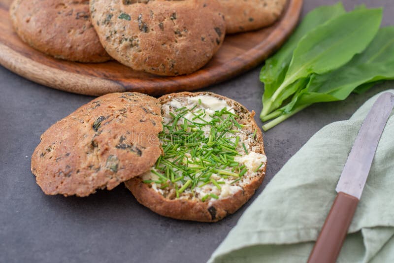 Home Made Whole Grain Buns with Wild Garlic Stock Image Image of diet