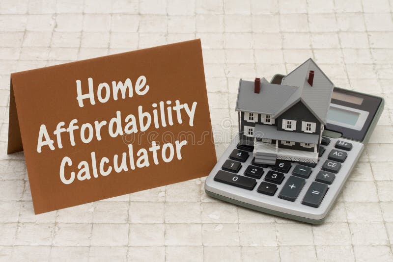 Home Mortgage Affordability Calculator, A gray house, brown card and calculator on stone background with text Home Affordability Calculator