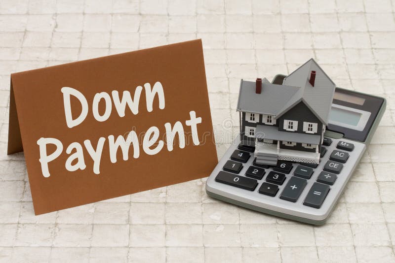 Home Mortgage Down Payment, A gray house, brown card and calculator on stone background with text Down Payment