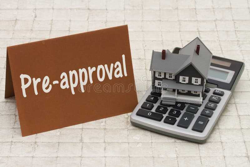 Home Mortgage Pre-approval, A gray house, brown card and calculator on stone background