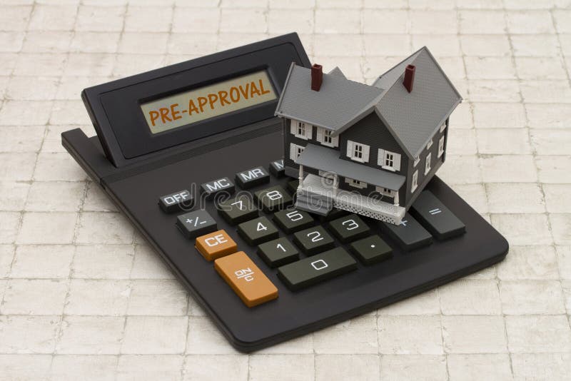 Home Mortgage Pre-approval, A gray house and calculator on stone background with text Pre-approval