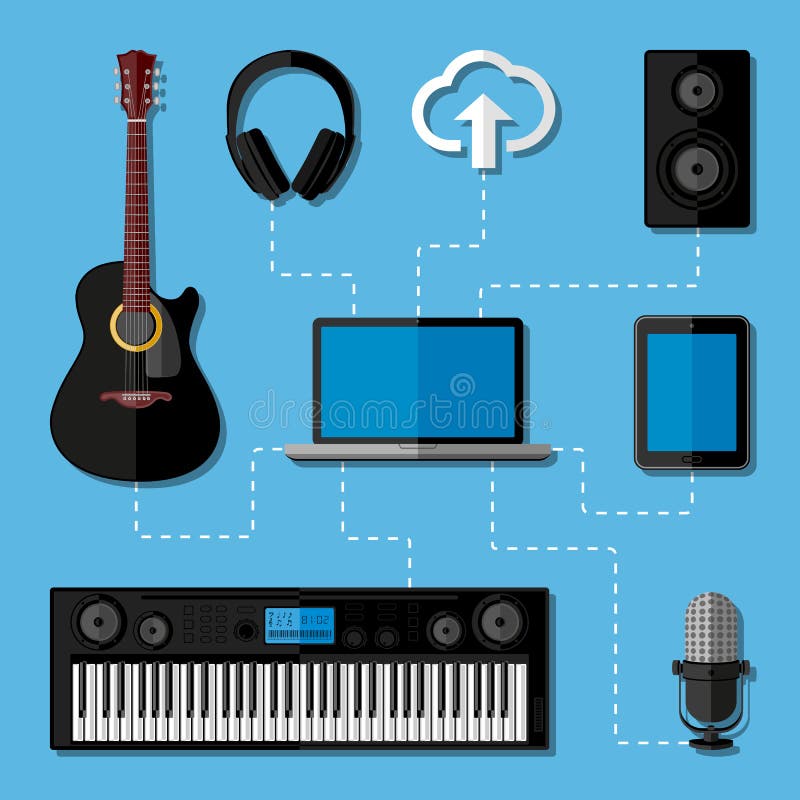 Home music studio concept. Flat design vector illustration