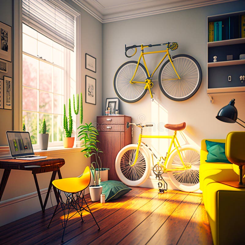 A Home Office with a Bicycle a Wide White Wall with, Generative AI