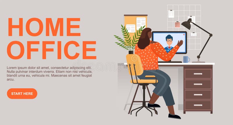 Home office concept. Freelancer woman working on computer at her house. Online study, education royalty free illustration