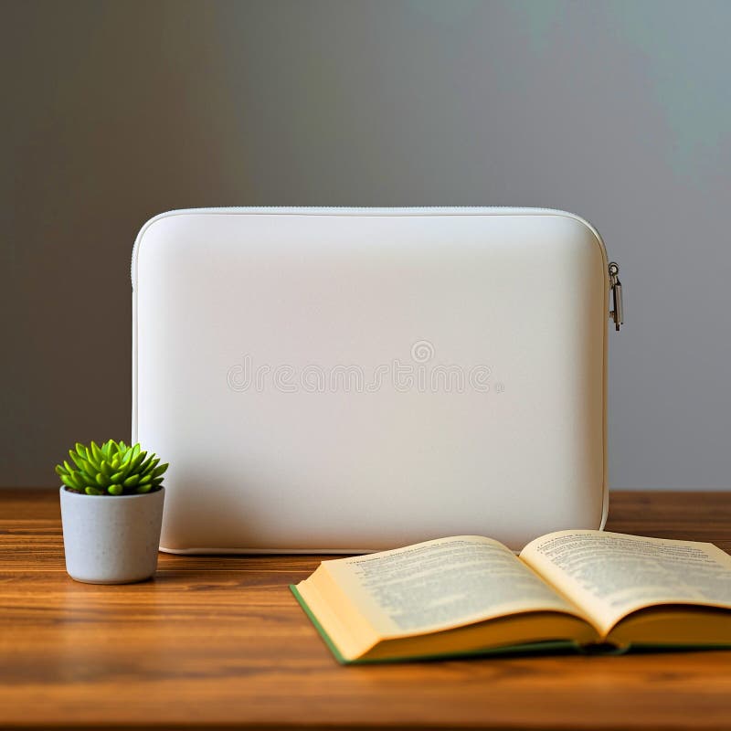 Home Office Essentials Pouch Book Plant on Wood Desk stock illustration