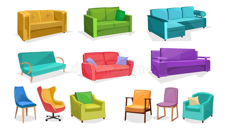 Home or office furniture in cartoon style isolated on white background. Vector sofas, armchairs and chairs set. Home interior