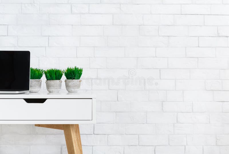 Home office with laptop and plants with empty space. Home office with laptop and small plants on table, empty space stock photos
