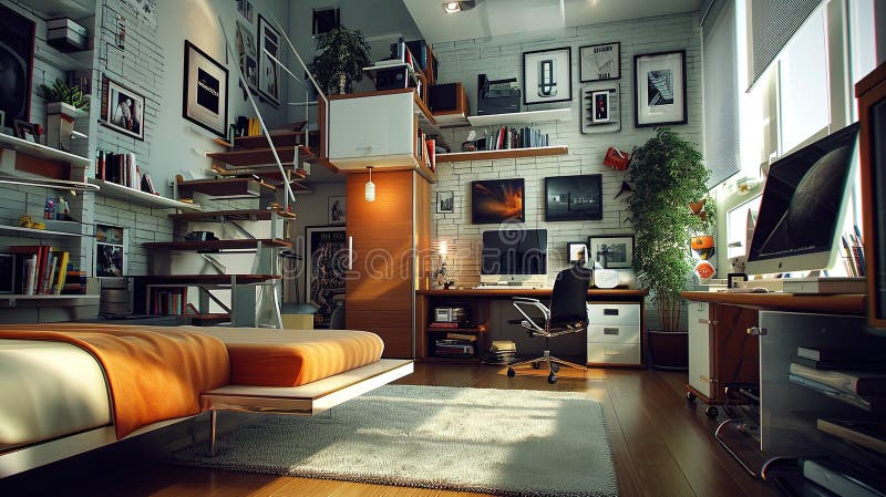Home office moderno ed ergonomico. Questa illustrazione viene generata con amore durante l'utilizzo di diversi software digitali e strumenti di generazione di aria. creare un ambiente di lavoro stimolante con un design elegante e minimalista per aumentare la produttività grazie alla tecnologia intelligente e alle ampie soluzioni di storage